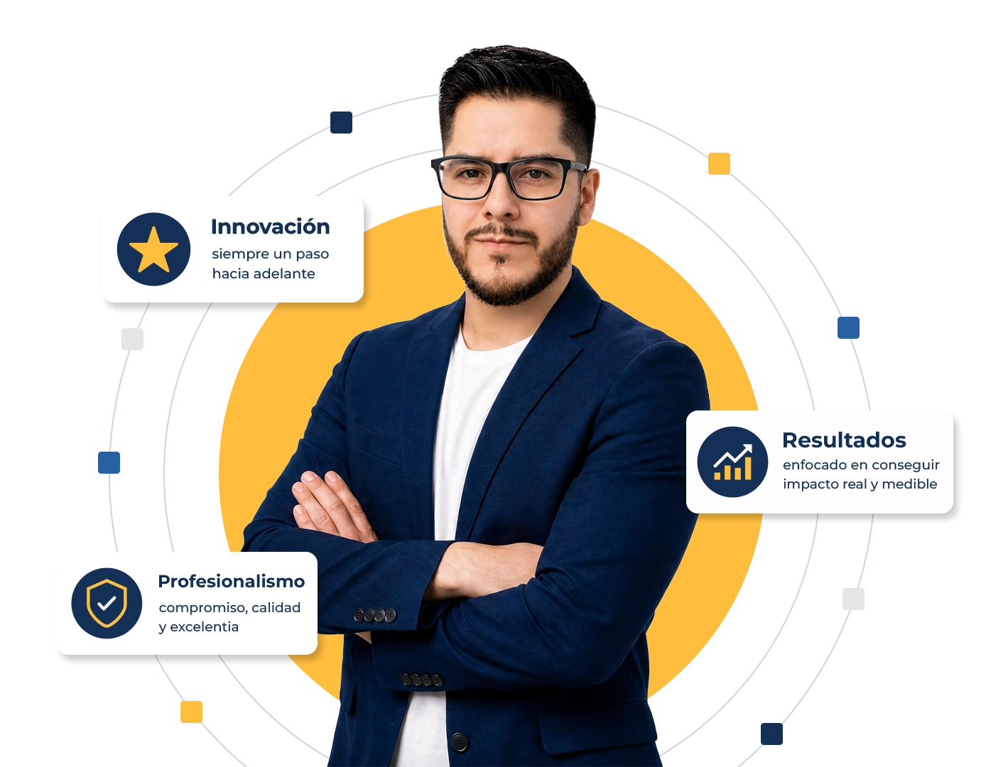 Renato Sapaico, comunicador audiovisual, posando en el banner principal de su sitio web. Está rodeado de tarjetas gráficas que destacan sus valores profesionales: Innovación (siempre un paso hacia adelante), Resultados (con impacto real y medible) y Profesionalismo (compromiso, calidad y excelencia).